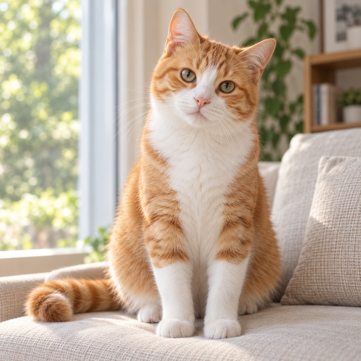 A real orange-and-white adult cat sitting by a window